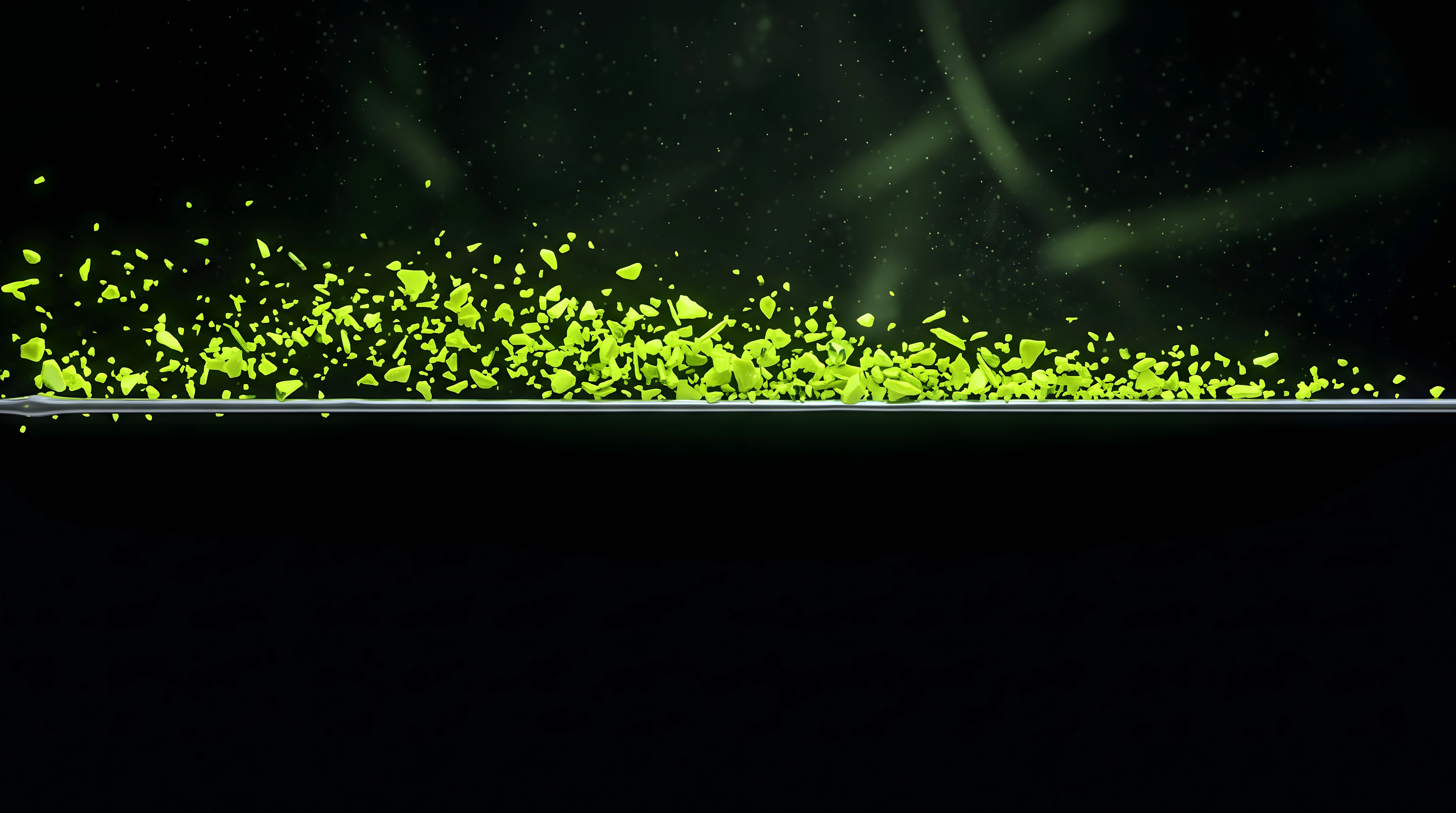 One long unbroken liquid chrome line held straight across deep void black while dozens of small toxic lime fragments press against one side of it without crossing, representing a scope boundary holding against requests that arrive one at a time.