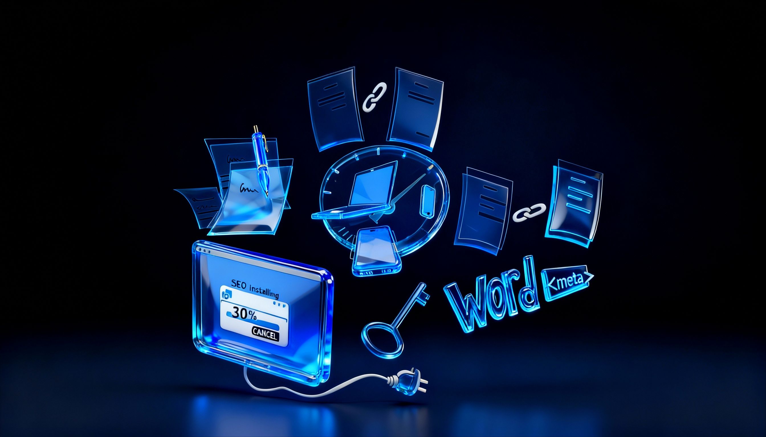 Space with illustrations floating that represent keywords, installation screen, load speed, links and content