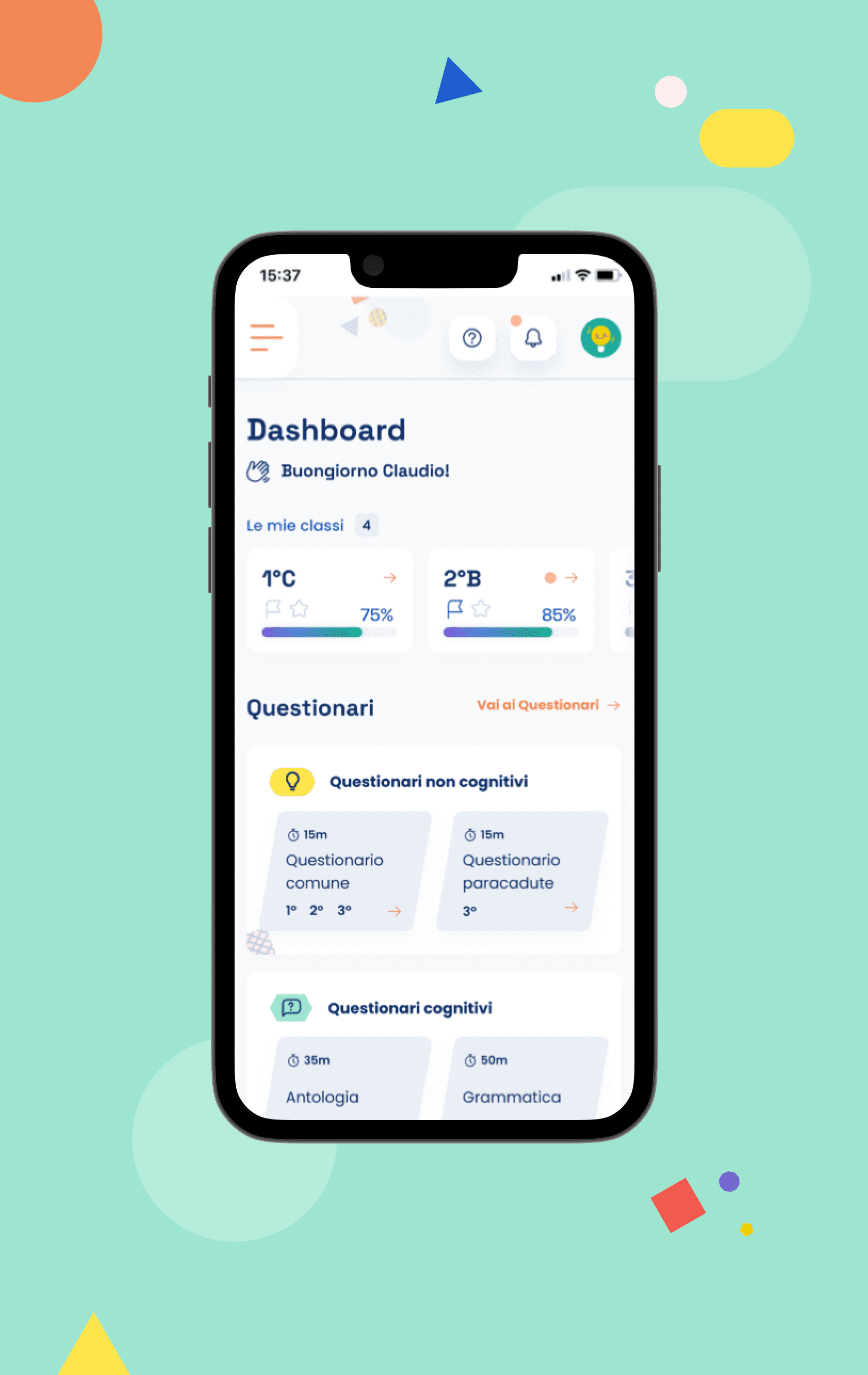 Interfaccia docente con progressi delle classi seguite e questionari da sottoporre agli alunni