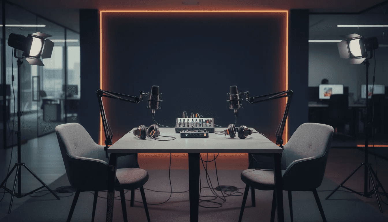 L'image représente un bureau moderne transformé en plateau de tournage pour un podcast, avec des nuances de bleu nuit profond et d'orange vif. On y voit un espace accueillant, prêt pour des enregistrements audio et vidéo, illustrant la stratégie de communication des entreprises souhaitant améliorer leur visibilité sur les réseaux sociaux.