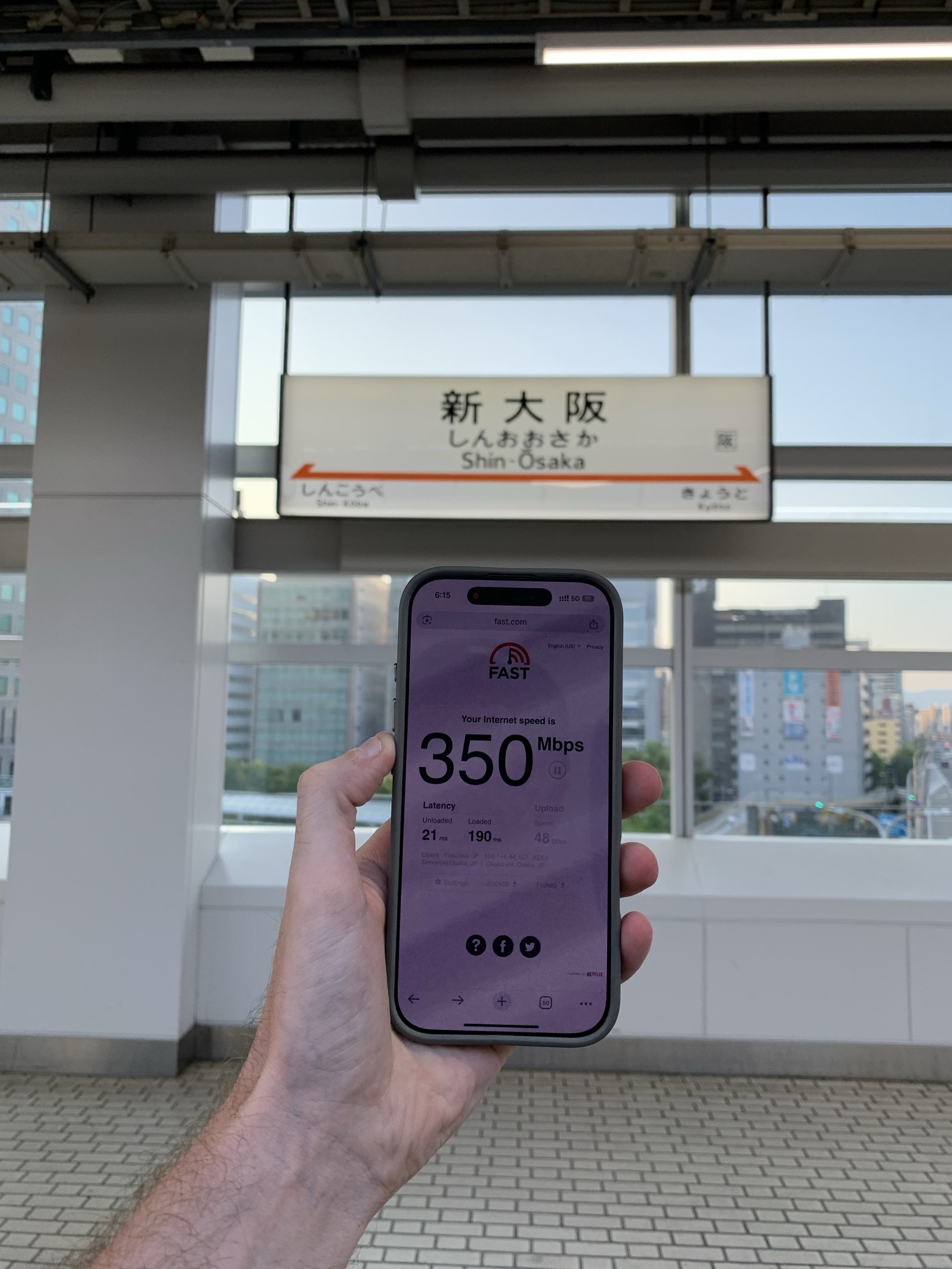 Speed test result of 350 Mbps recorded on a phone at Shin-Osaka Station, Japan