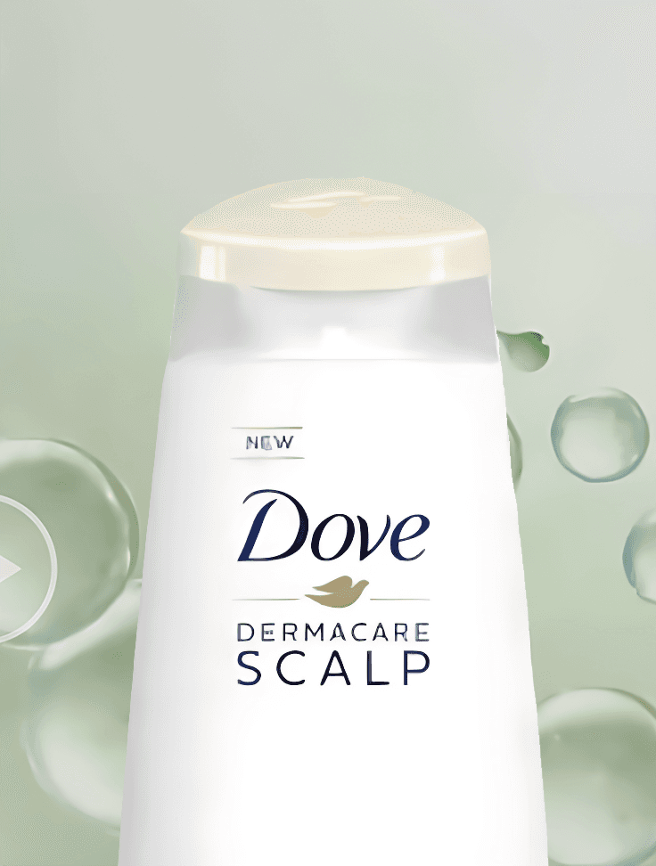 White Dove shampoo bottle infront of a green background with bubbles