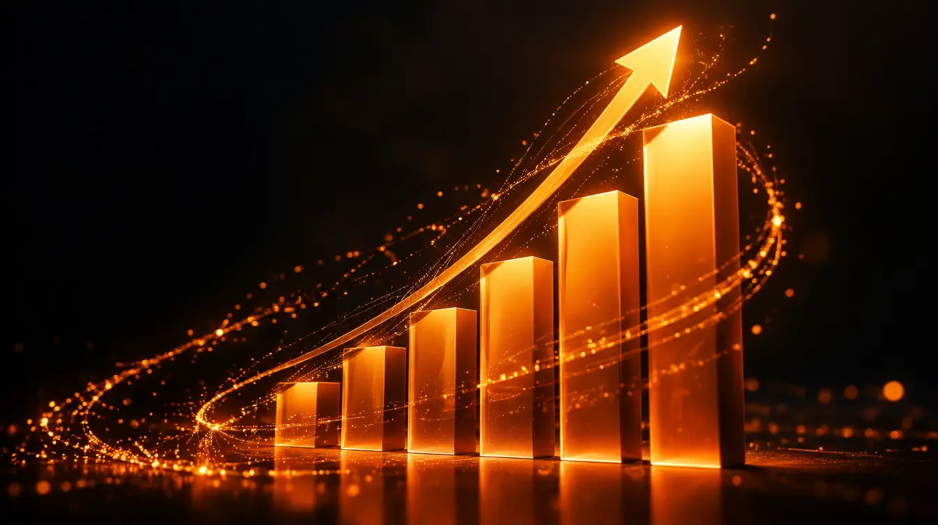 Three-dimensional upward bar chart glowing orange with light trails, representing SEO and growth services