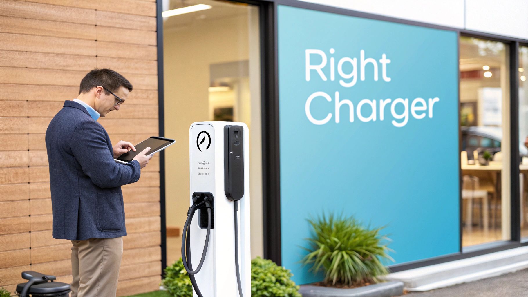 a man analyzing a commercial electric vehicle charger