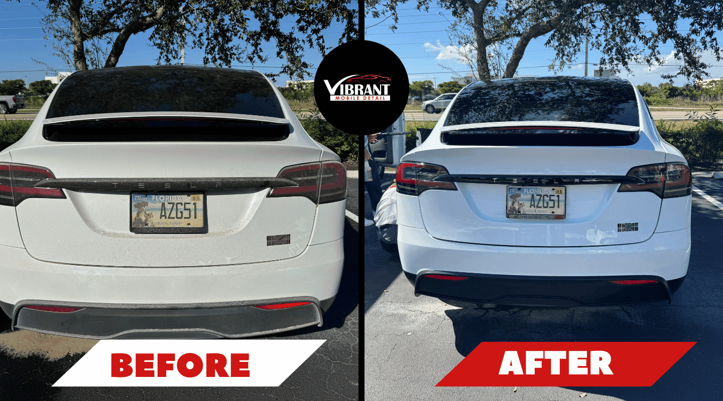 Before and after of a white Tesla Model X Plaid rear showing complete exterior transformation after Platinum Detail by Vibrant Mobile Detail in Fort Myers, Florida.