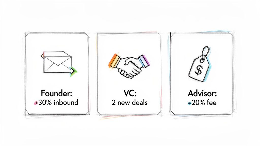Three cards illustrating benefits for a founder (+30% inbound), VC (2 new deals), and advisor (+20% fee).
