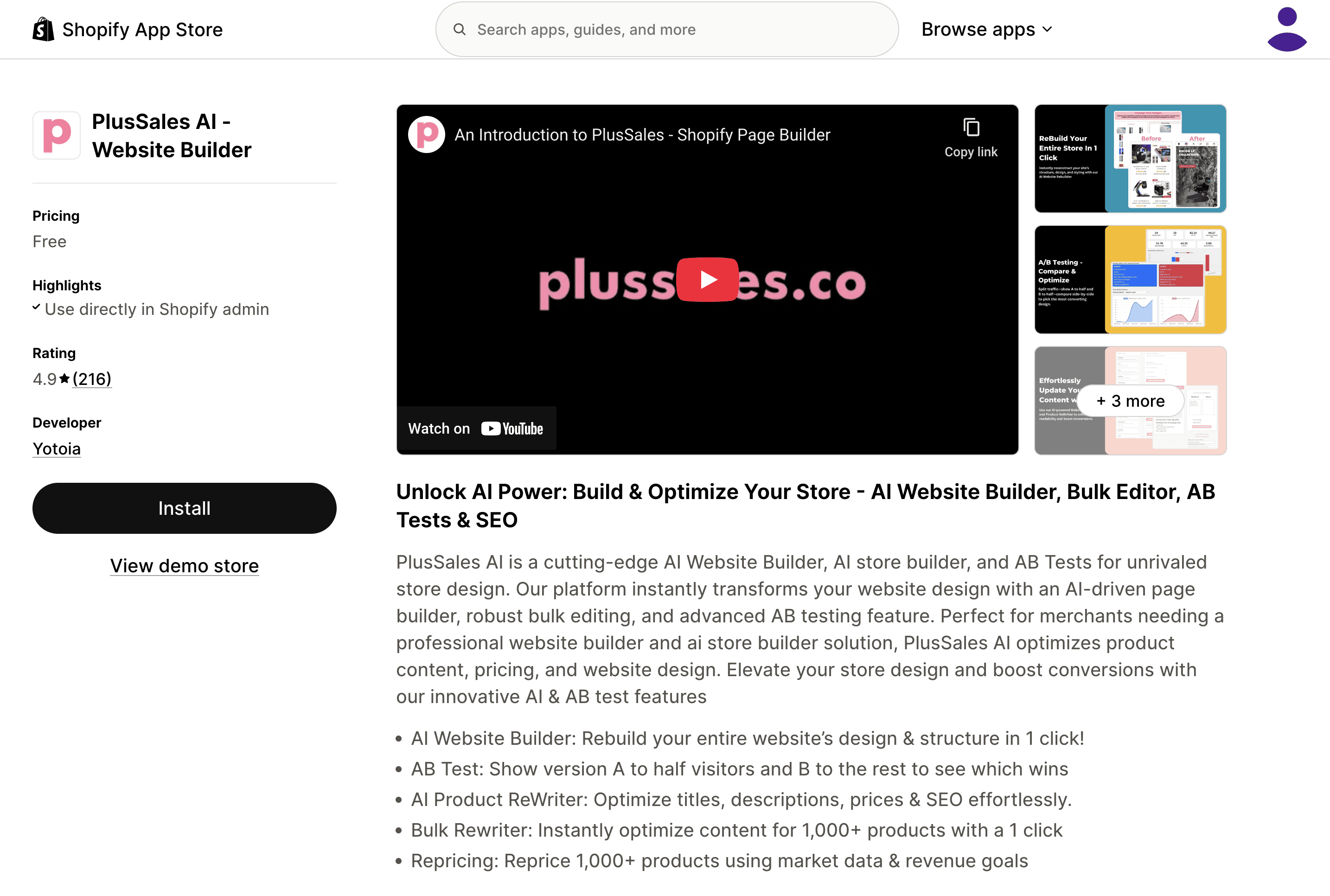 PlusSales AI Website Builder Shopify Store Page