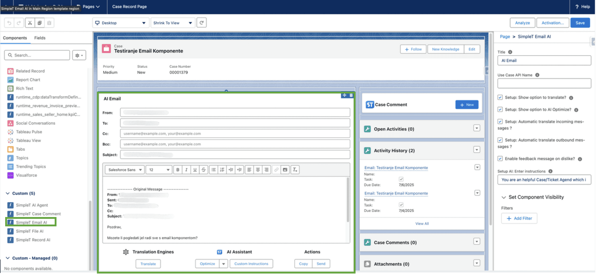 SimpleT Email AI Component Setup on Salesforce Record Page