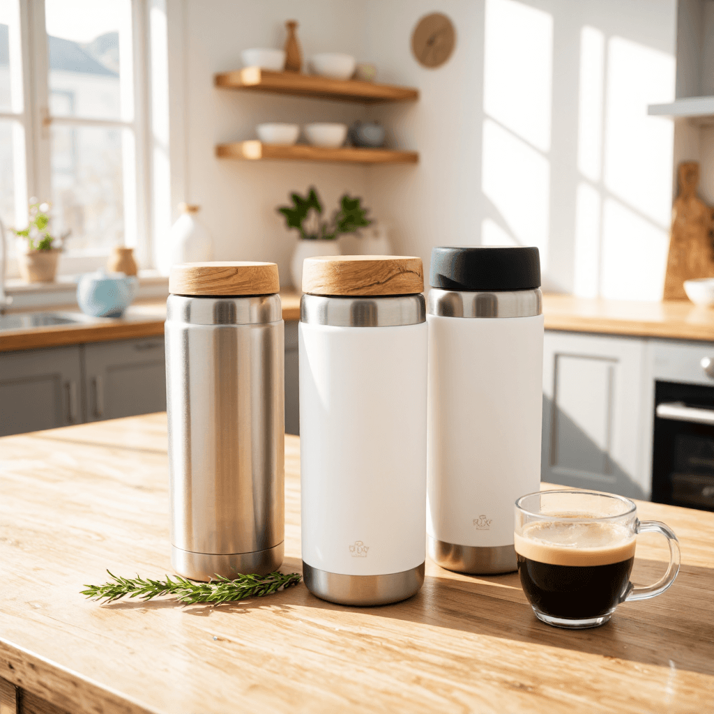 product photography of a set of insulated drink containers, suitable for keeping beverages hot or cold