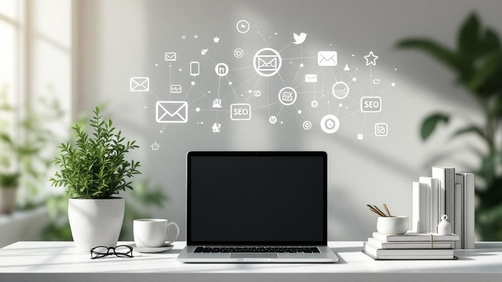 A team of digital marketing experts collaborating around a table with laptops and charts.