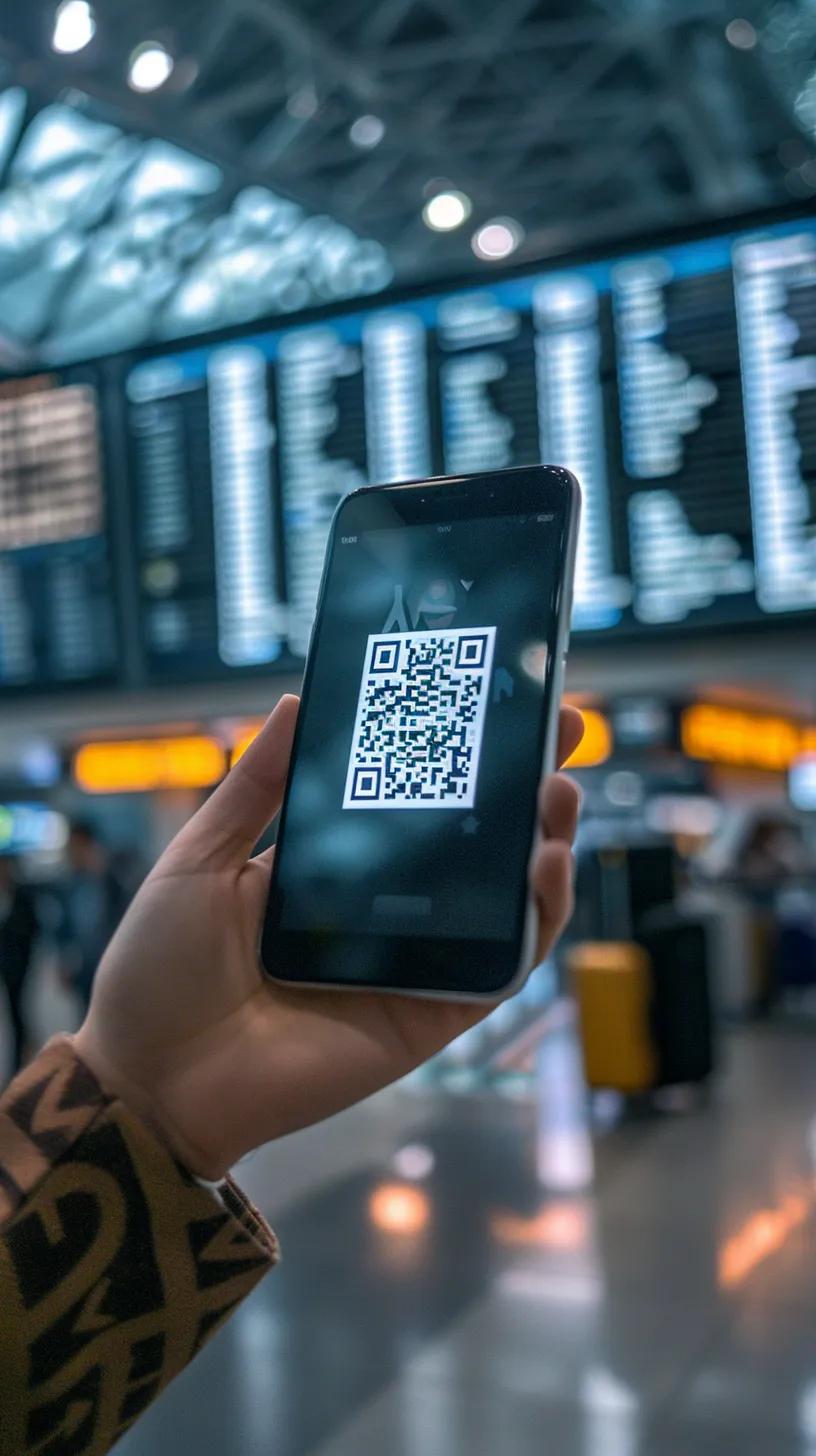 Traveler scanning a QR code on a smartphone in an airport, demonstrating the instant activation of eSIM technology