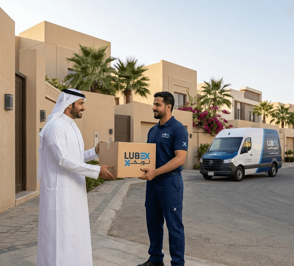 توصيل الميل الأخير في السعودية حيث يقوم مندوب بتسليم طرد للعميل عند باب المنزل ضمن خدمات الشحن السريع