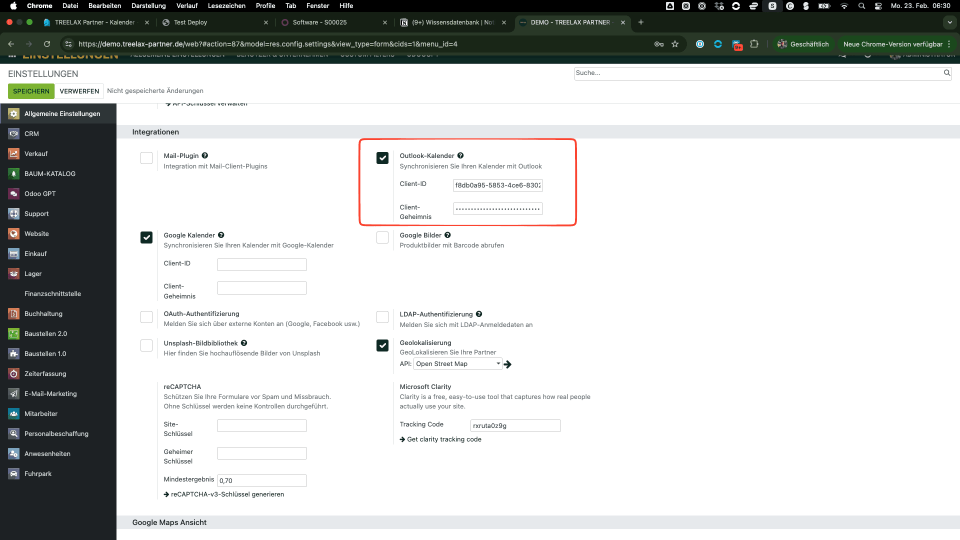 Ergebnis in TREELAX Partner: Dein Digitalisierungsexperte trägt Anwendungs-ID und Clientschlüssel unter Einstellungen > Integrationen ein.