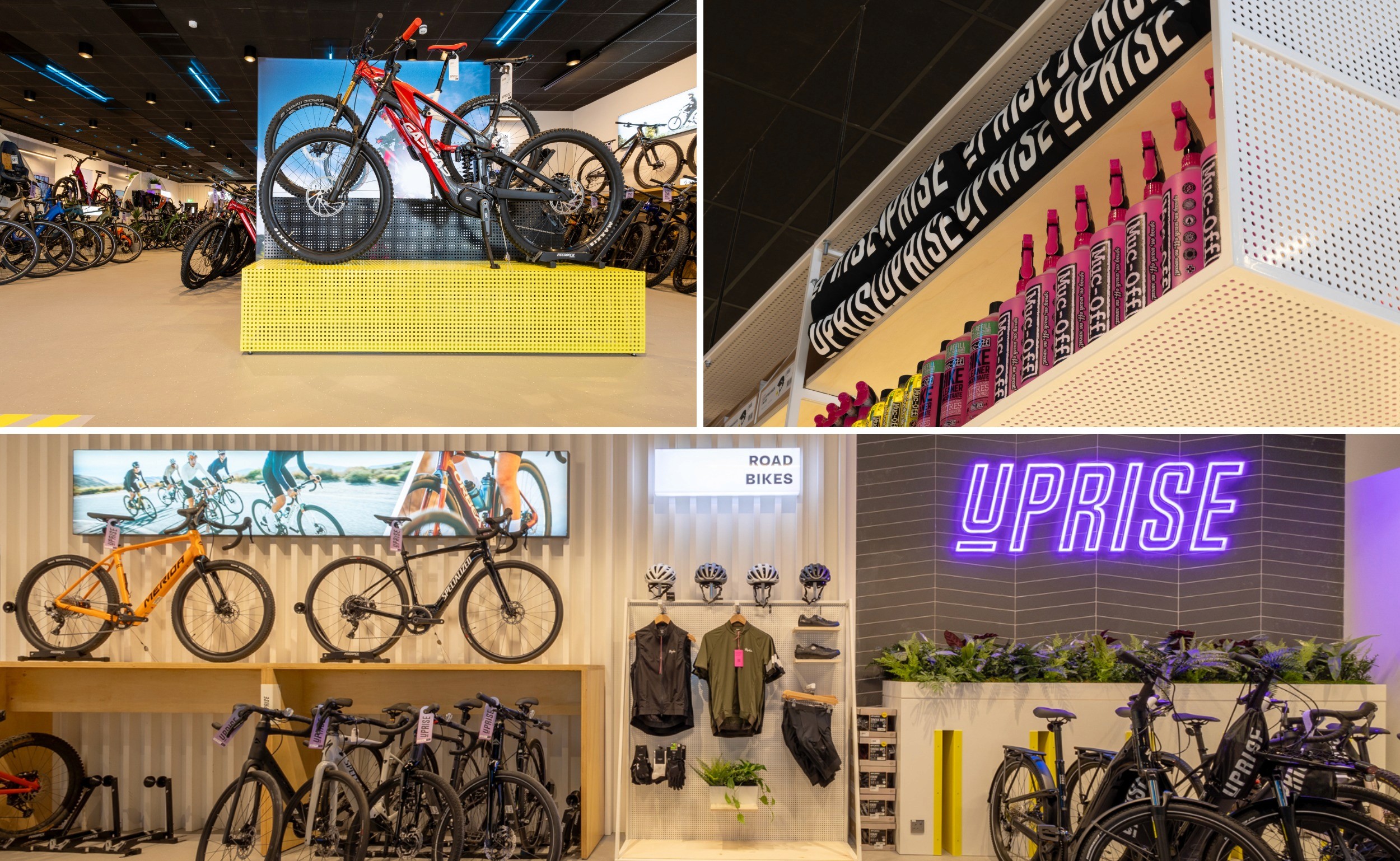 Retail store design with illuminated brand signage, bike displays, and experiential merchandising creating an engaging commercial retail environment.