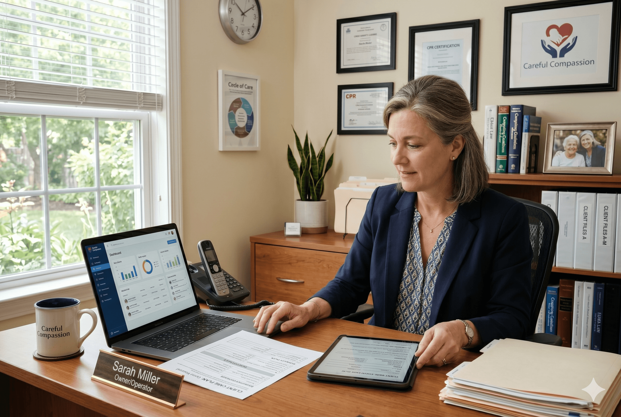 A home care agency owner sitting at a desk reviewing a client intake summary on a tablet, with a laptop open showing a clean CRM interface, organized workspace with a printed care plan beside the keyboard, warm natural light, calm and professional atmosphere, no faces visible on any screen. Shot on Fujifilm X-T4, aspect ratio 3:2.