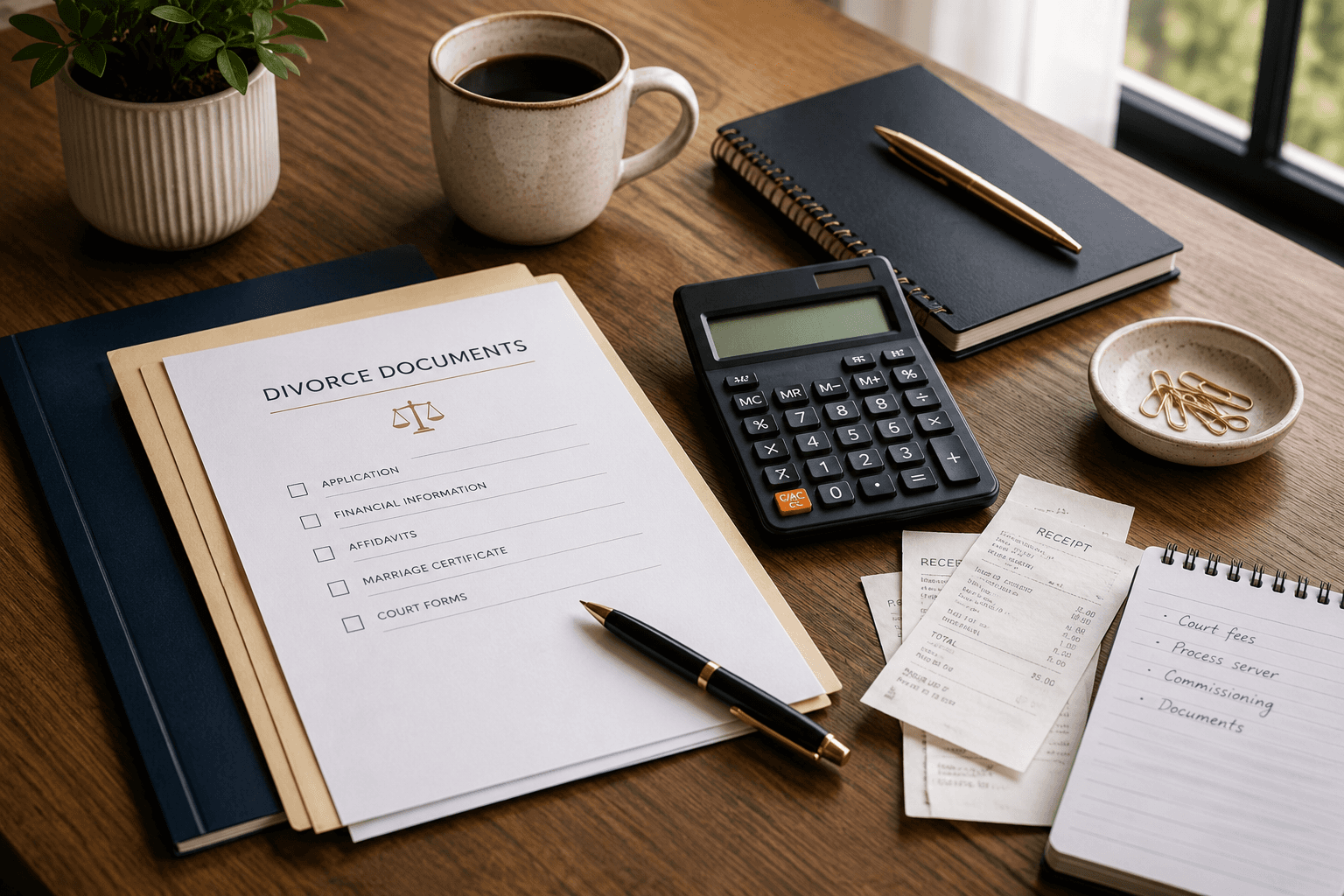 Divorce documents, calculator and receipts on a desk illustrating the costs and expenses associated with divorce in Ontario.