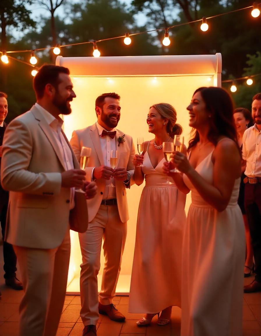 Friends gather around a photobooth