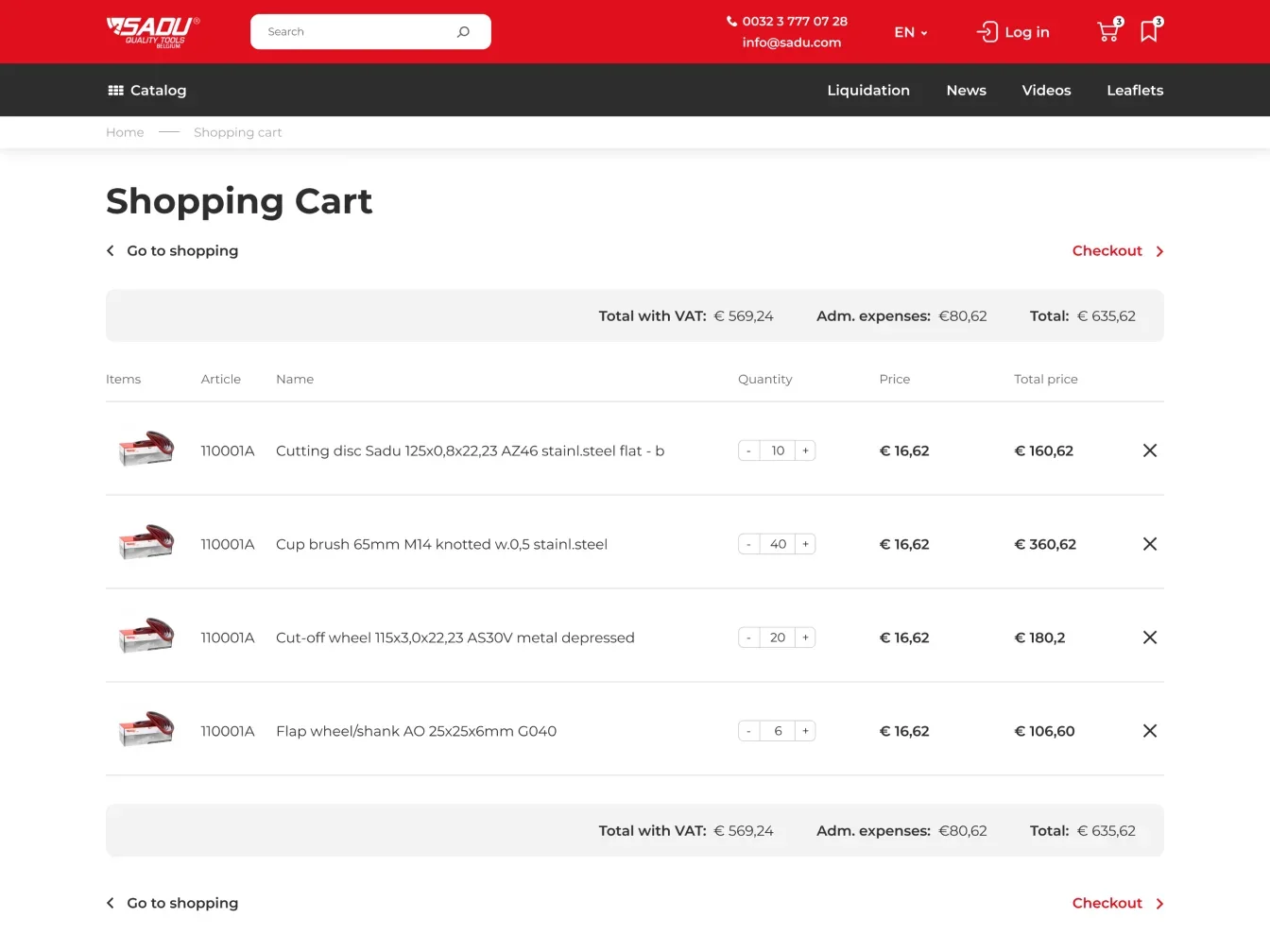 SADU desktop shopping cart with B2B product quantities