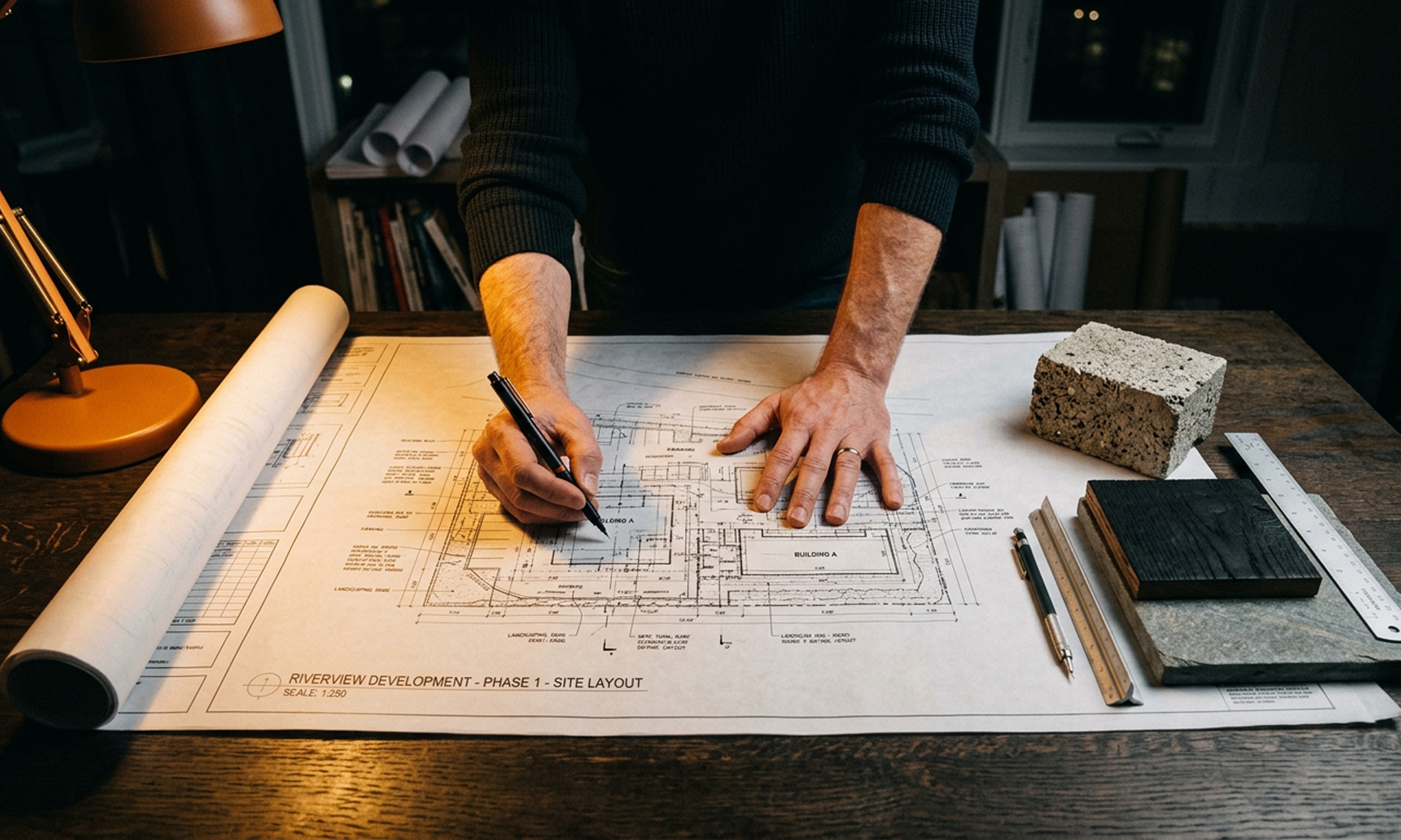Architect's hands making charcoal studies on paper beside a cardboard model, warm amber desk light
