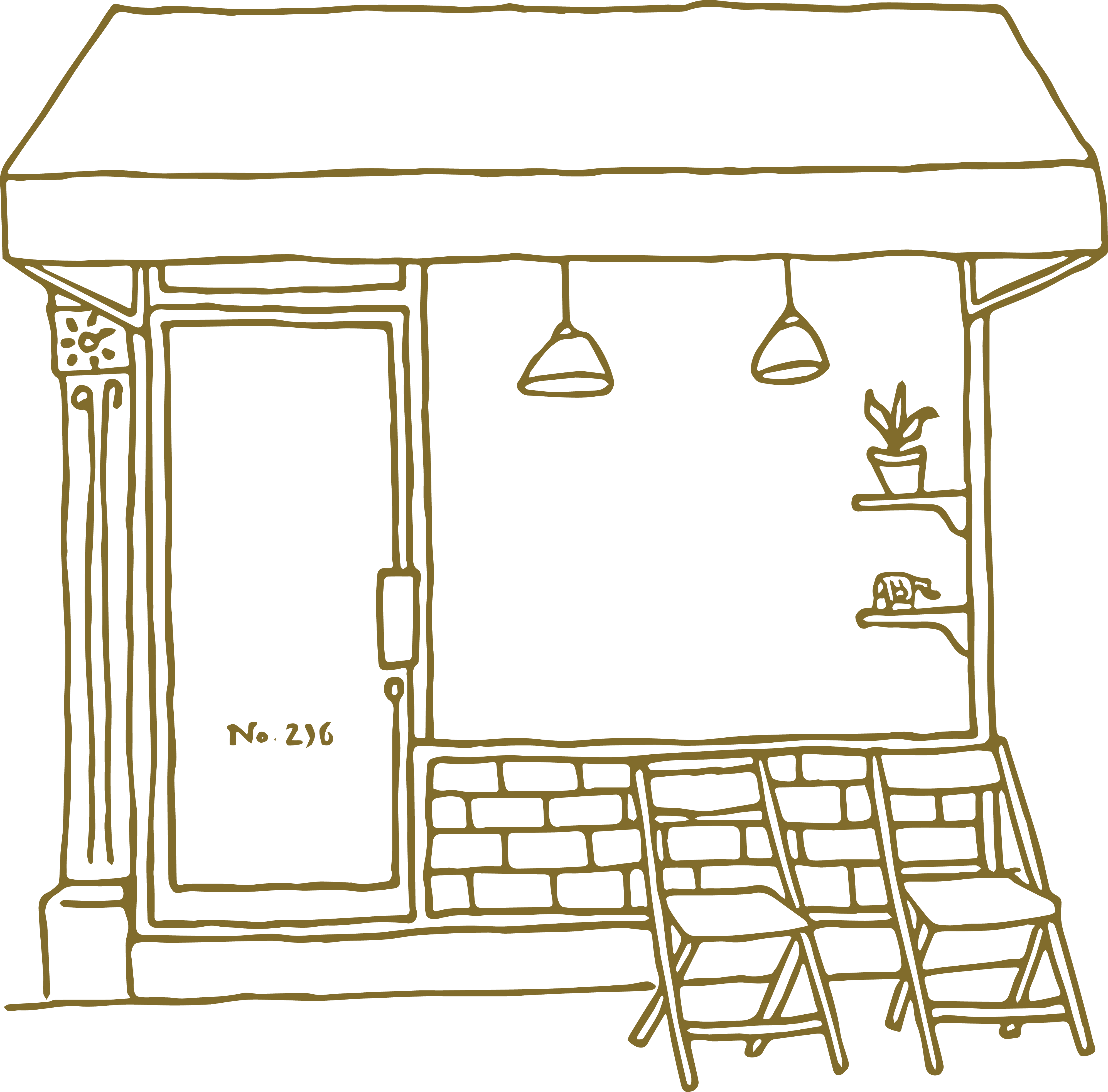 A modern, beige corner building with large windows and a sign reading "Think," surrounded by plants and trees. Motorcycles are parked nearby, with a relaxed, urban vibe.