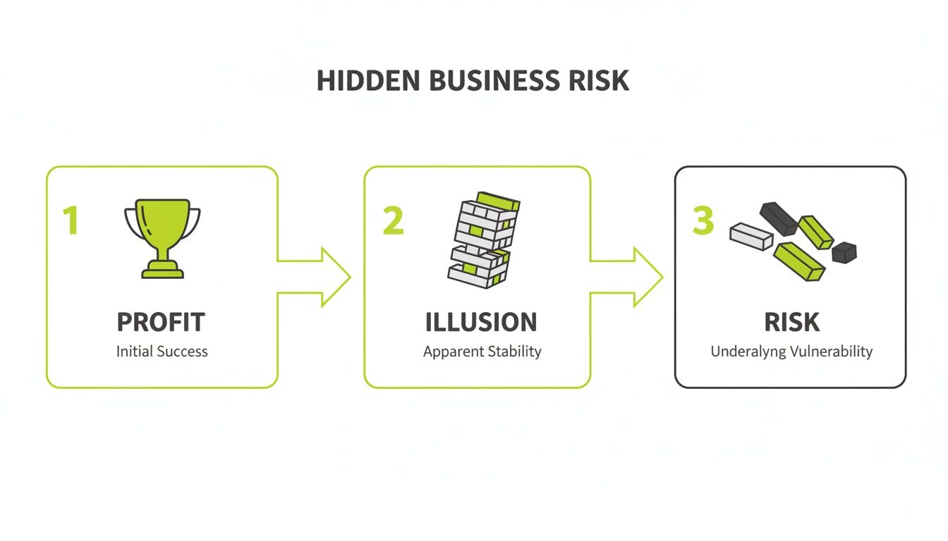 Infographic showing three stages of hidden business risk: profit, illusion, and underlying vulnerability.