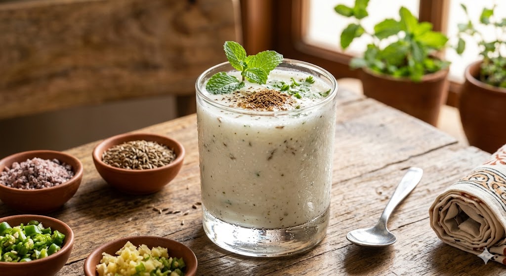 A glass of Indian spiced buttermilk, known as chaas, topped with roasted cumin powder and a fresh mint sprig, is served on a rustic wooden table alongside bowls of ingredients.