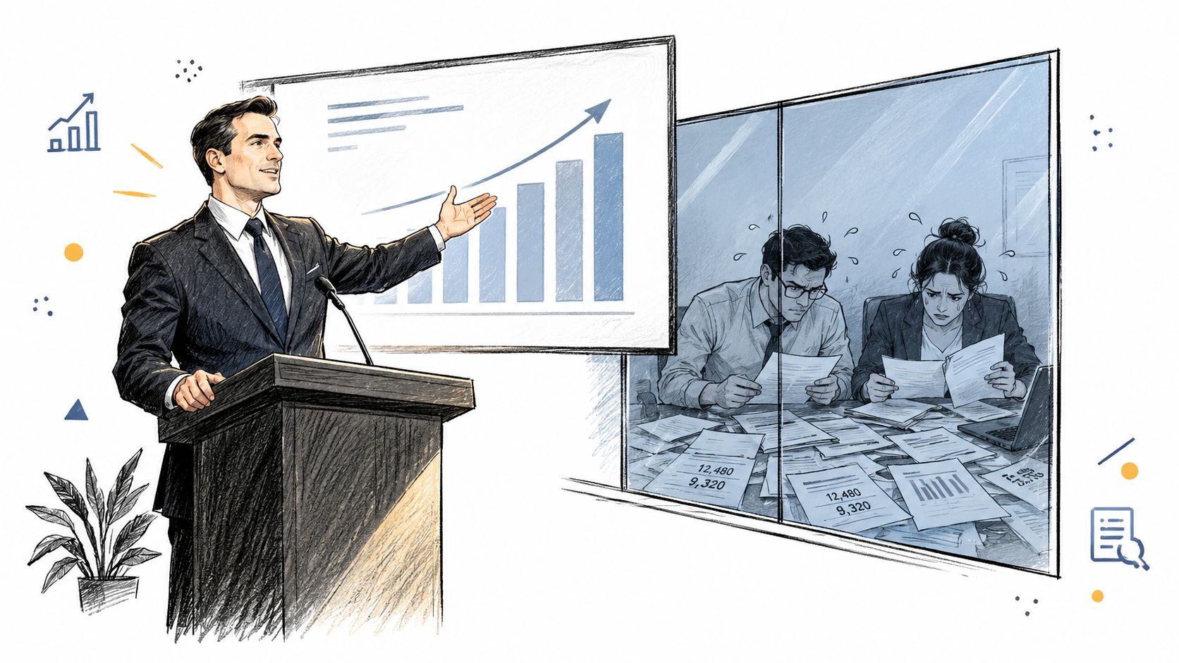 A professional presenter shows positive growth charts while colleagues struggle with paperwork behind a glass wall.