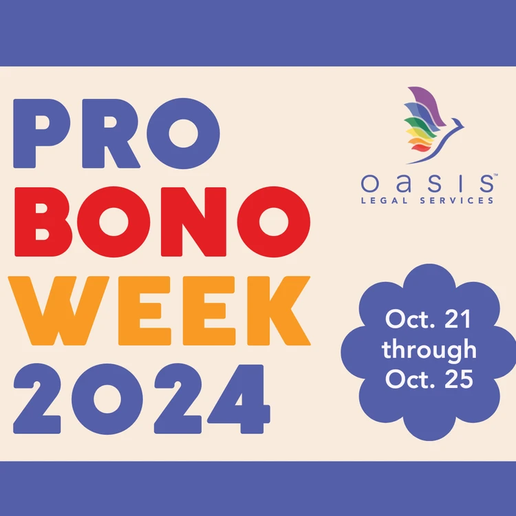 A imagem apresenta um gráfico promocional da "Pro Bono Week 2024", com texto em negrito e colorido em roxo, vermelho, laranja e amarelo, ao lado do logotipo da Oasis Legal Services, sobre um fundo claro, destacando as datas do evento de 21 a 25 de outubro.
