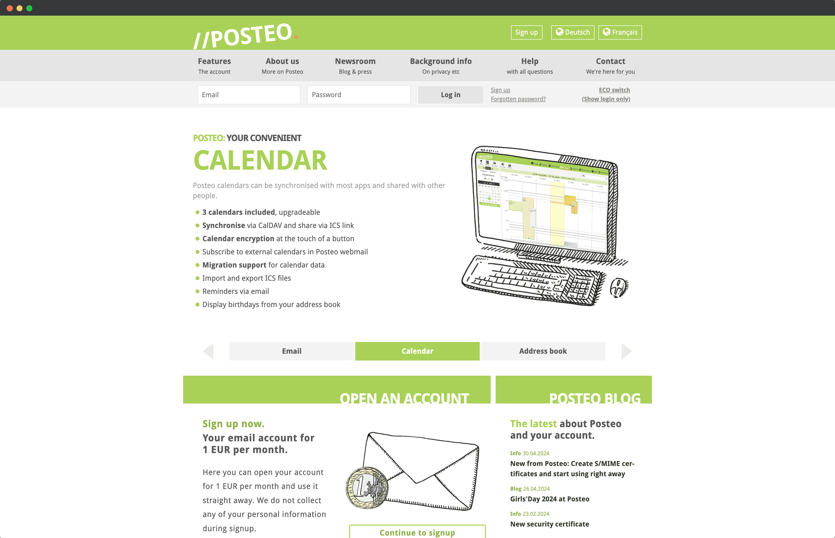 screenshot of posteo landing page