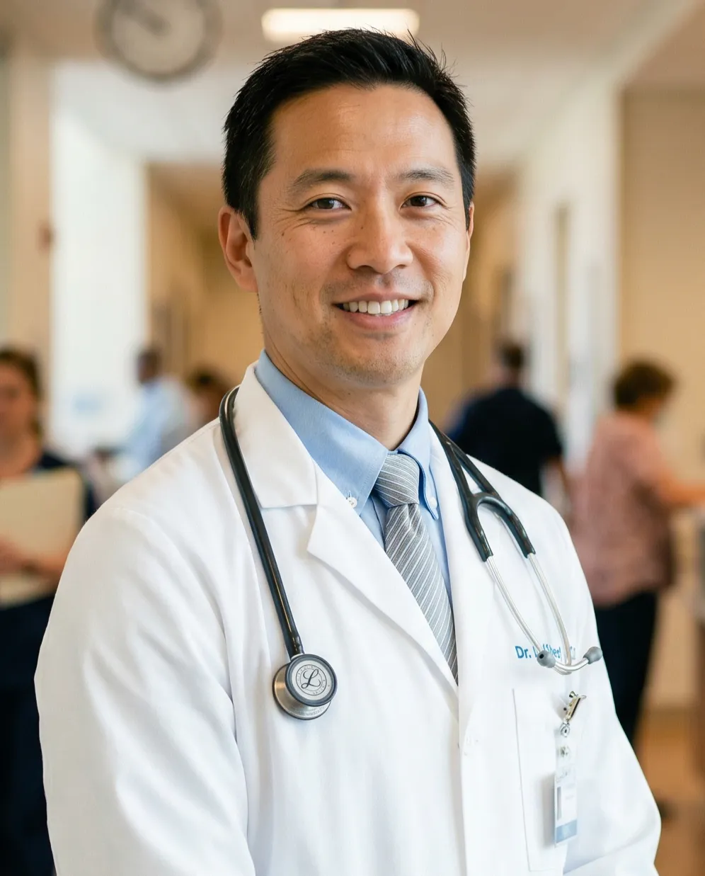 A smiling male doctor wearing a white lab coat and stethoscope stands in a brightly lit hospital hallway, with blurred staff and patients in the background.