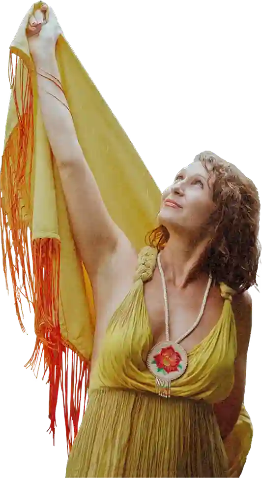 Rachael Popky, transformational guide and spiritual entrepreneur, in flowing golden attire with arms raised in celebration