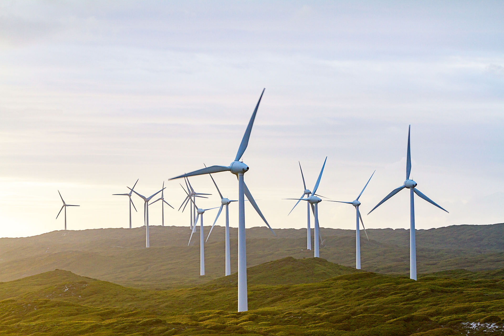 Windpark in einer hügeligen Landschaft