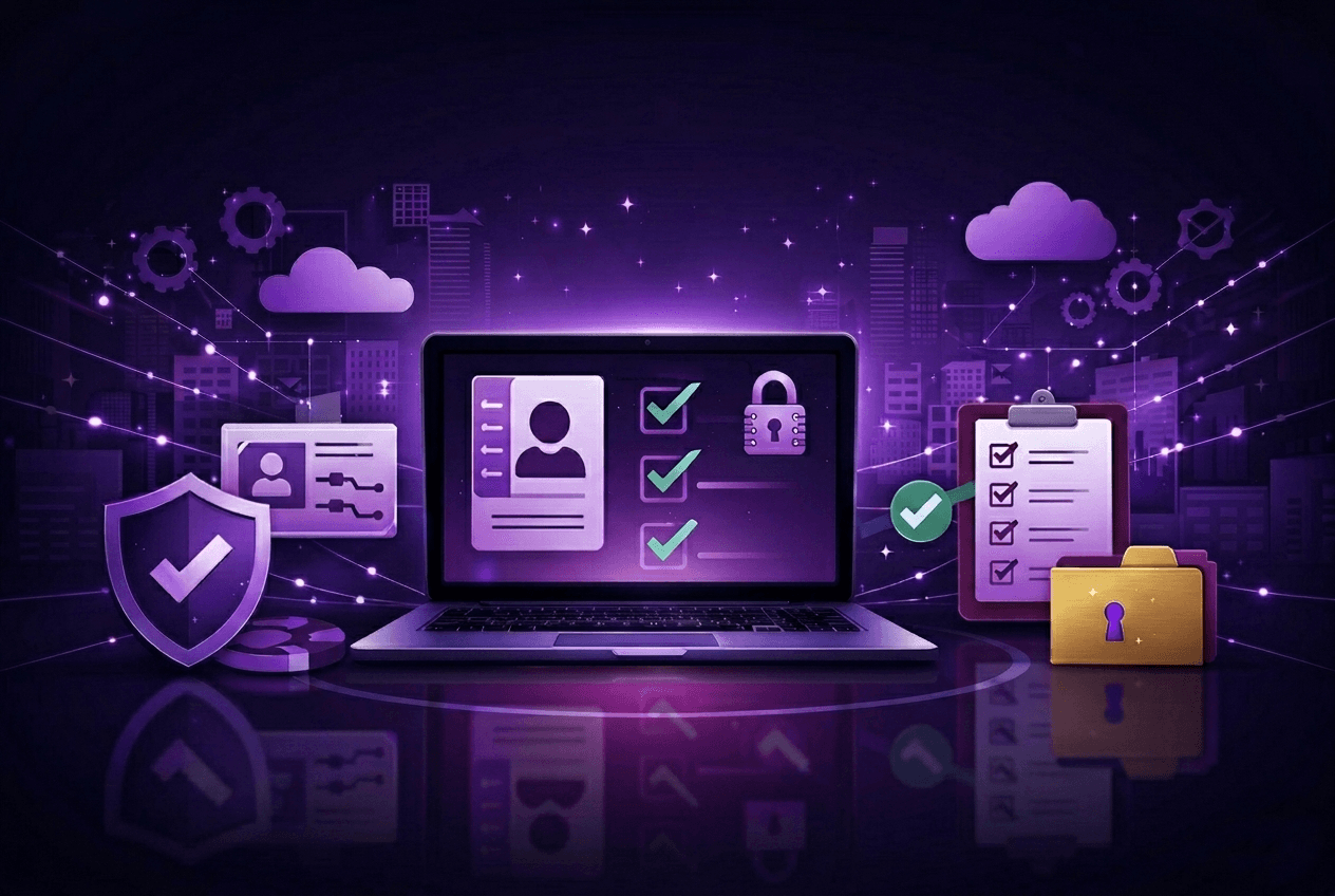 Dark Violet banner with laptop, shield, lock, and checklist icons connected by network lines, representing identity and access management.