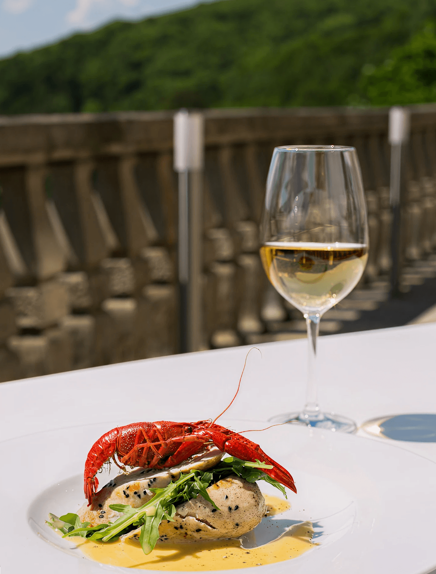 Table gastronomique en terrasse - accords mets et vins, cuisine étoilée