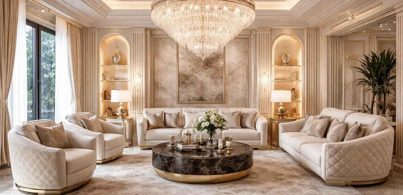 Πολυτελές σαλόνι μετά την ανακαίνιση με σύγχρονο σχεδιασμό, premium υλικά και υψηλή αισθητική Design Chama