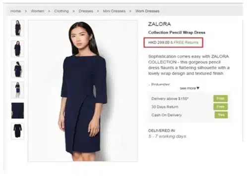 Zalora product page for a navy wrap dress with price and free returns highlighted, used in an A/B test