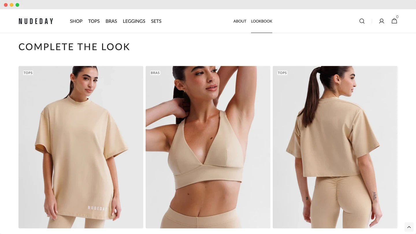 Screenshot showing a website design for Nude Day Clothing