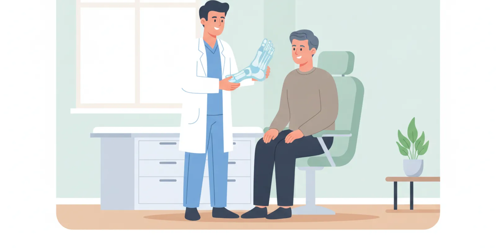 Foot and ankle surgeon reviewing a foot model with a patient during a consultation
