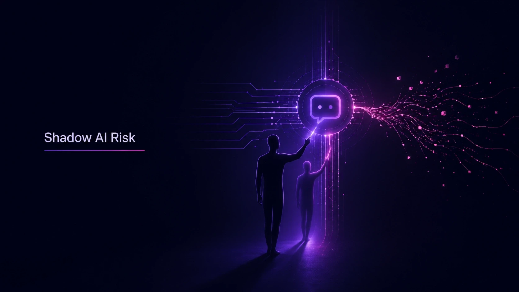 Human and shadow AI silhouette leaking enterprise data into an unmonitored AI system