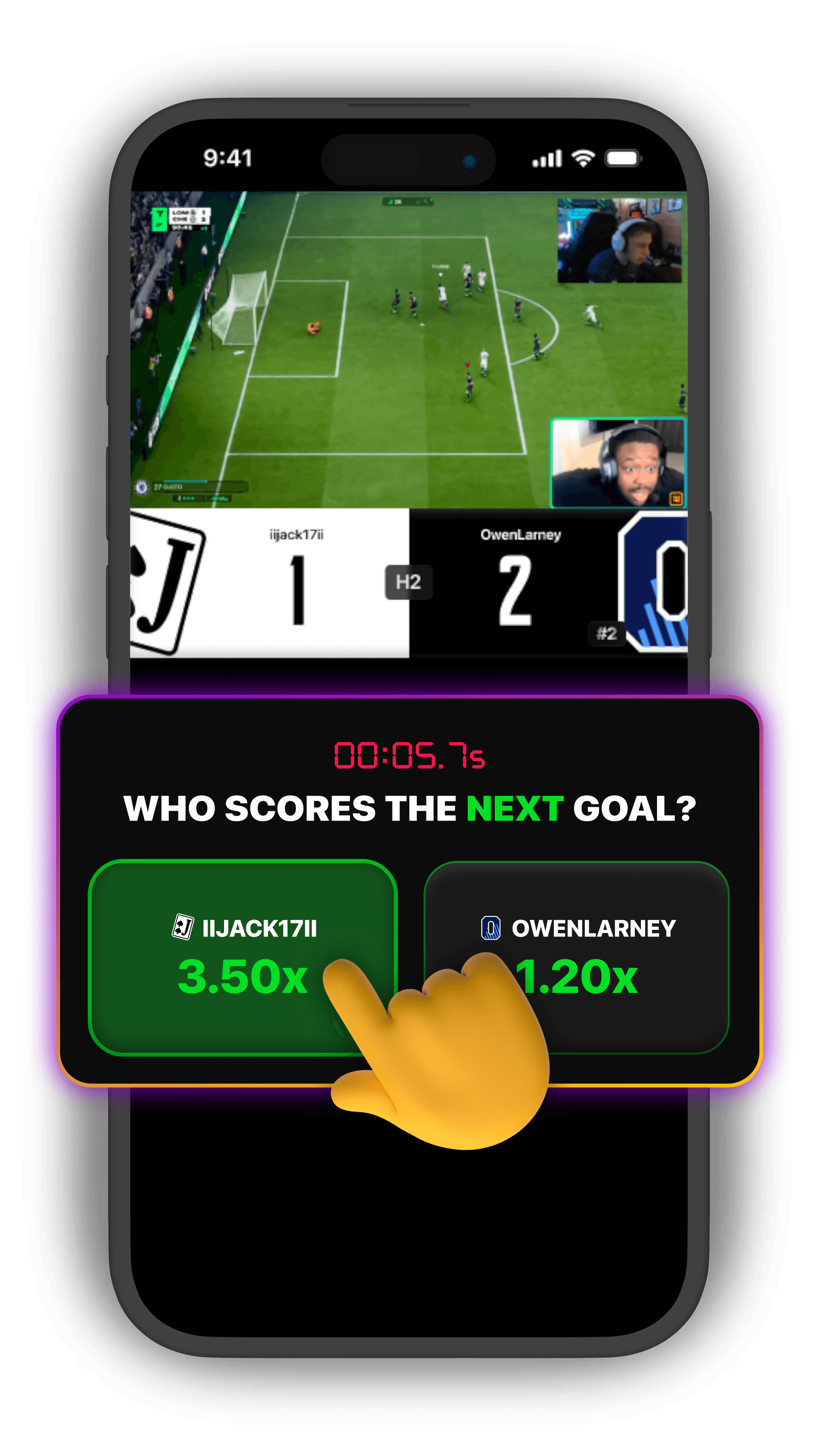 1v1Me live FC esports staking interface showing “Who scores the next goal?” flash stake option during a head-to-head match