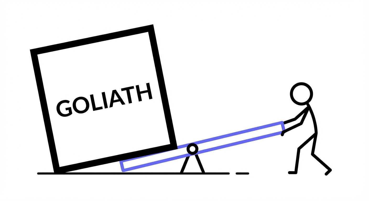 A minimalist diagram comparing a large, slow block representing a giant corporation to a small, agile person using a glowing purple tool to gain leverage.