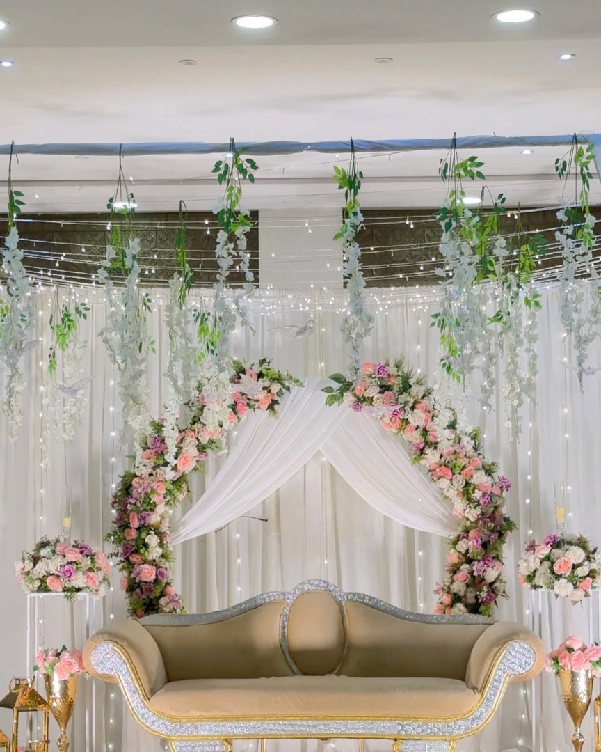 Engagement or Roka decor with pastel colour flowers & lights near Pitampura, Ashok Vihar, Punjabi Bagh, & Rohini Delhi NCR