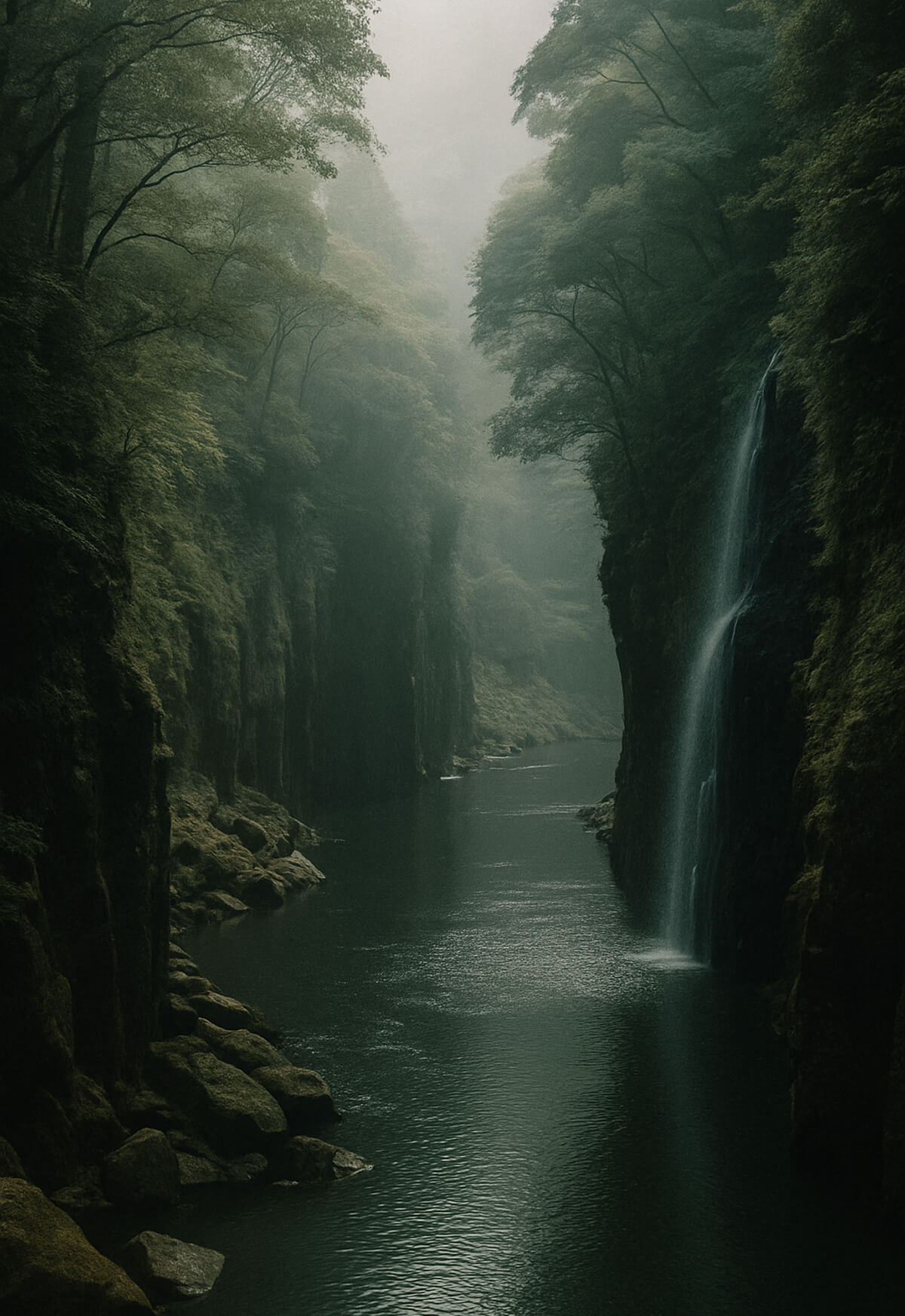 The image depicts a serene mountain gorge enveloped in soft mist, with steep forested slopes descending toward a calm river, where a small waterfall gently cascades down the rocky cliff.