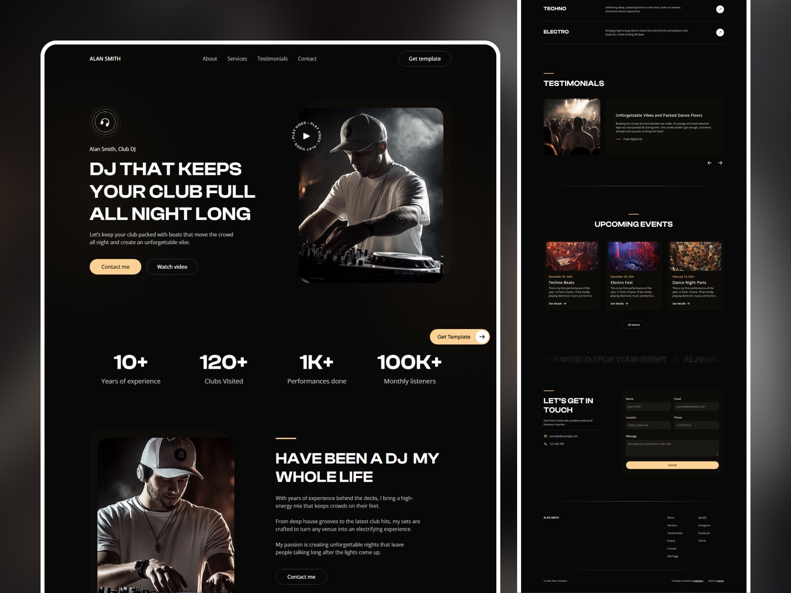 Vibe DJ template multi-page overview with about, events, and testimonials sections
