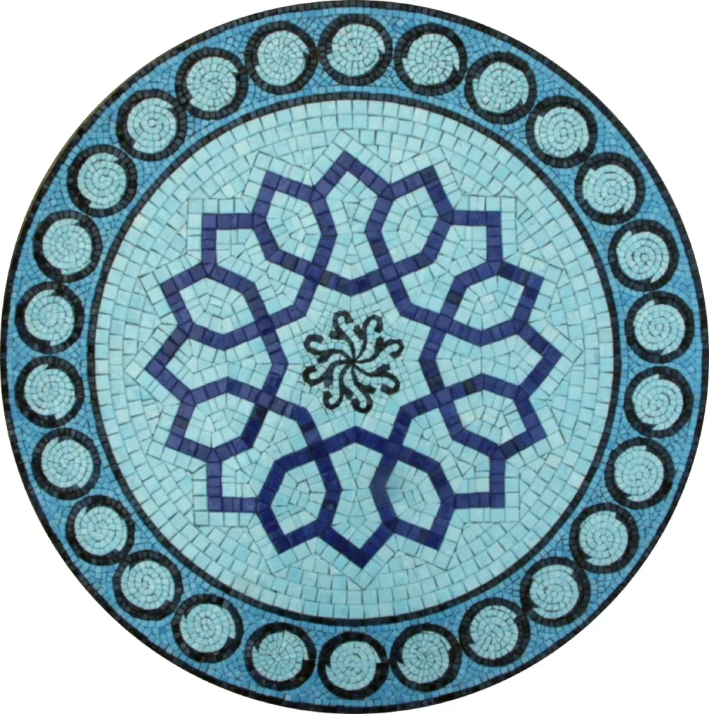 Eight-point star mosaic pool medallion in cut stone, photographed in the studio — Mosaiclegs Art Studio
