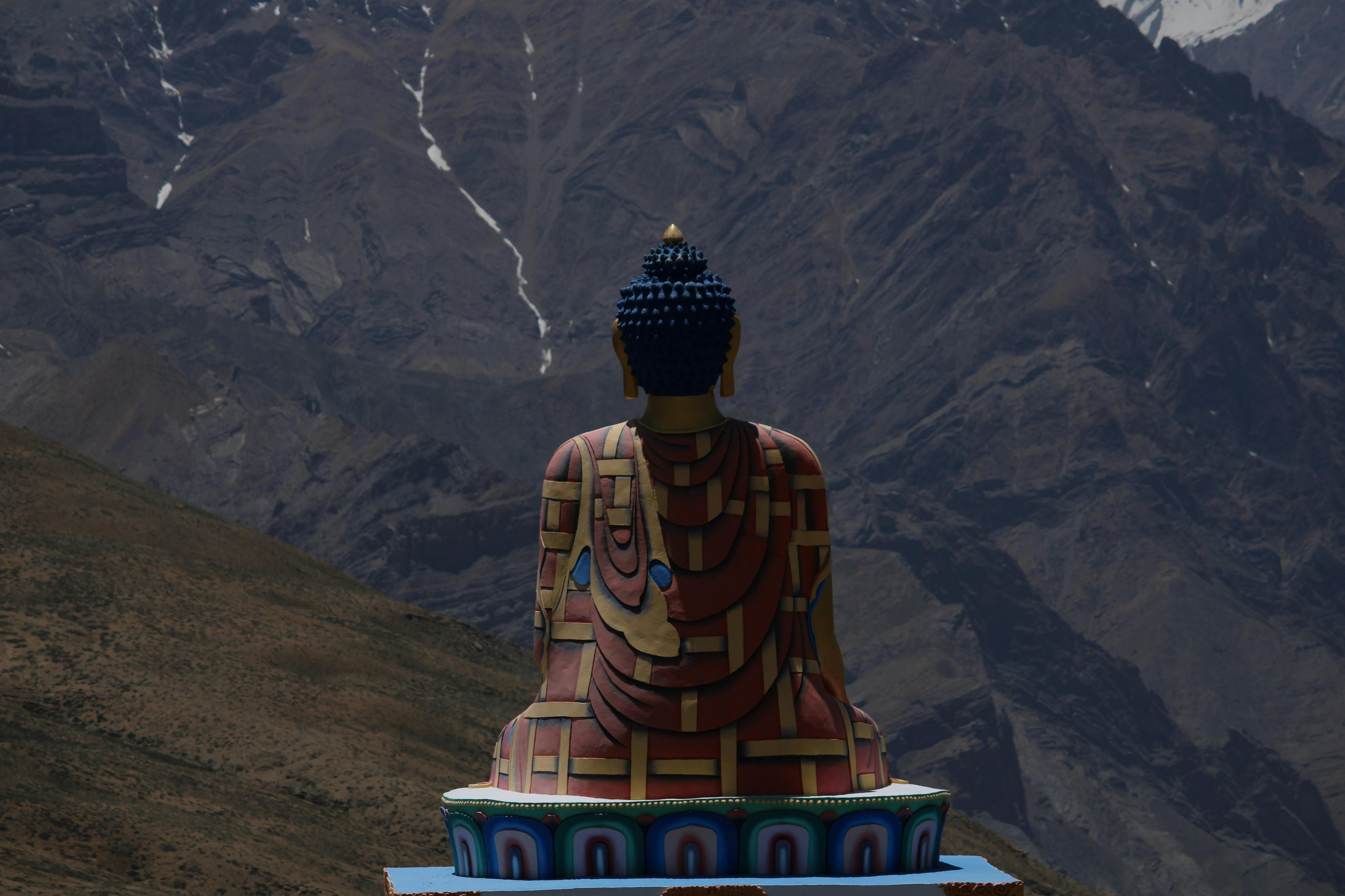 Langza Buddha statue overlooking Spiti Valley mountains