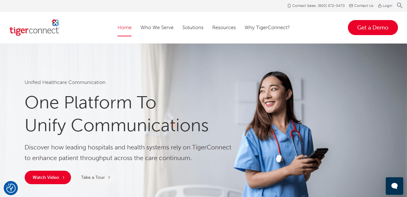 Homepage screenshot of TigerConnect showcasing the hero section and navigation bar