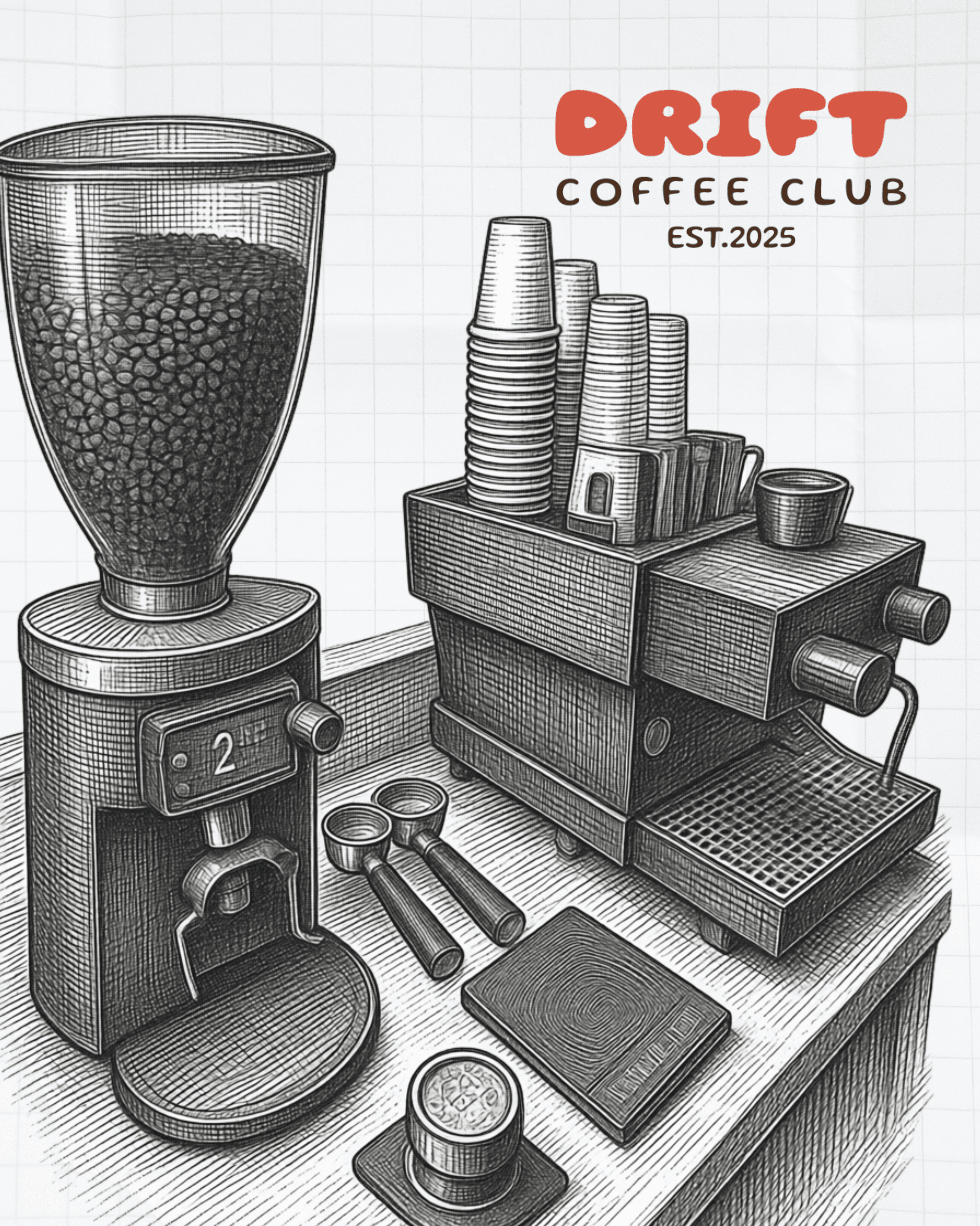 A person wearing a white shirt with "DRIFT COFFEE Club" is preparing coffee using a brewing machine.
