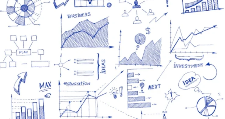 Diagramas e gráficos de negócio desenhados à mão em azul sobre papel branco