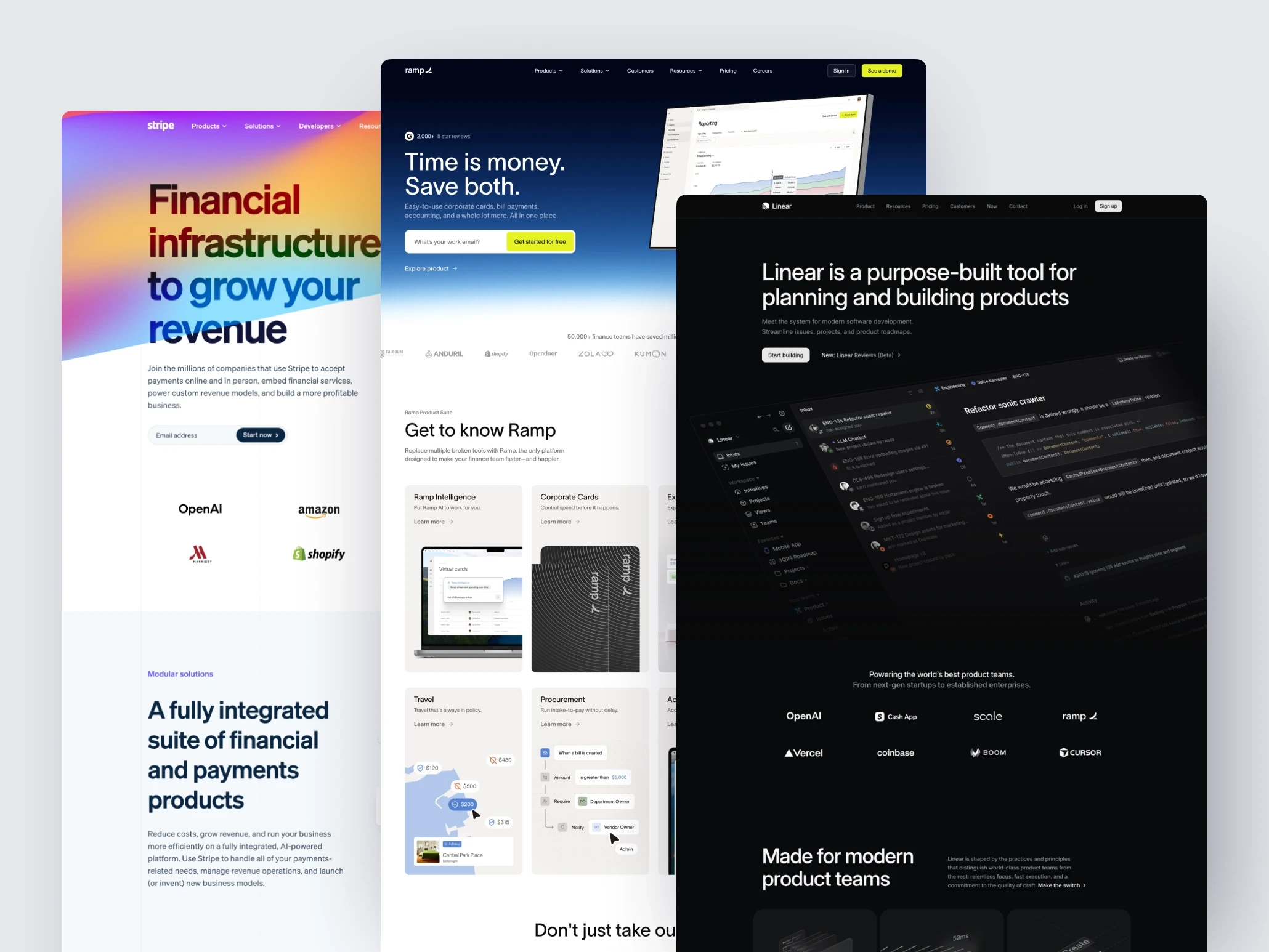 Layered comparison of leading SaaS website homepages highlighting shared layout, hierarchy, and clarity patterns.